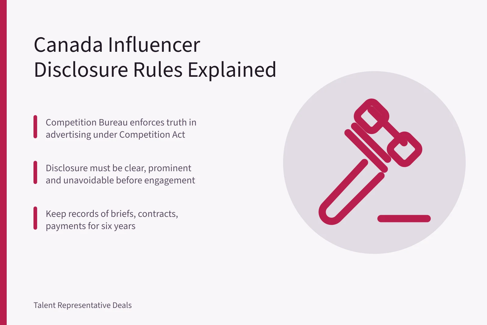 Card summarizing Canadian influencer marketing disclosure rules and record-keeping duties. Canadian influencer marketing disclosure rules: what Competition Bureau expects