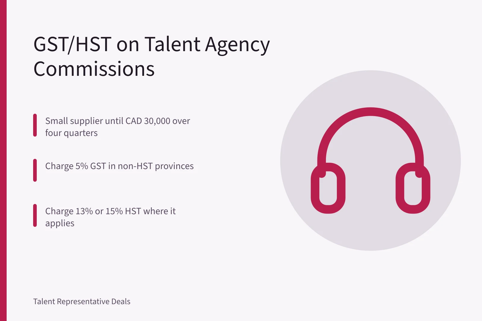 Card comparing GST/HST registration options for Canadian talent agency commissions. GST/HST on talent agency commissions: what to charge Canadian clients