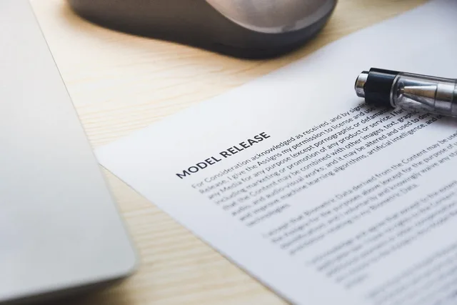 paper, model release, form, document, signing, pen, desk, agreement, business, contract, signature. Talent management agency bundles and pricing tiers for owner-operators
