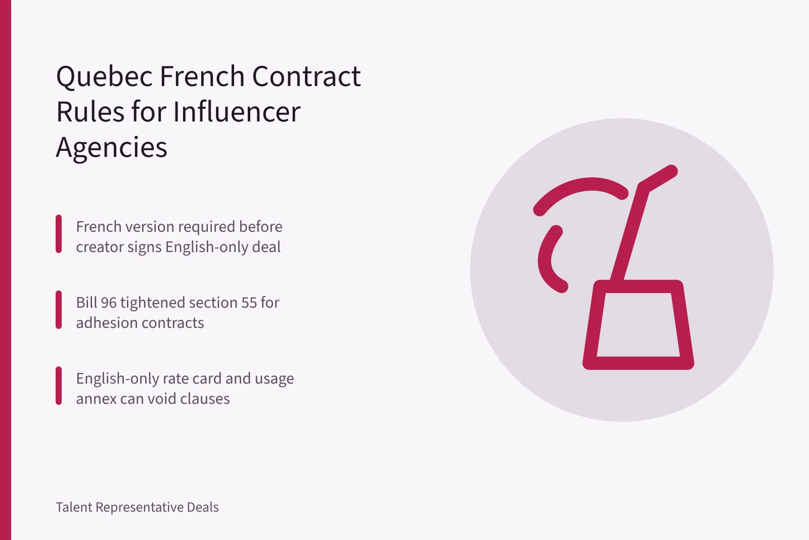 Quebec language law card on French influencer contract requirements. Quebec language law for influencer contracts: what agencies must translate