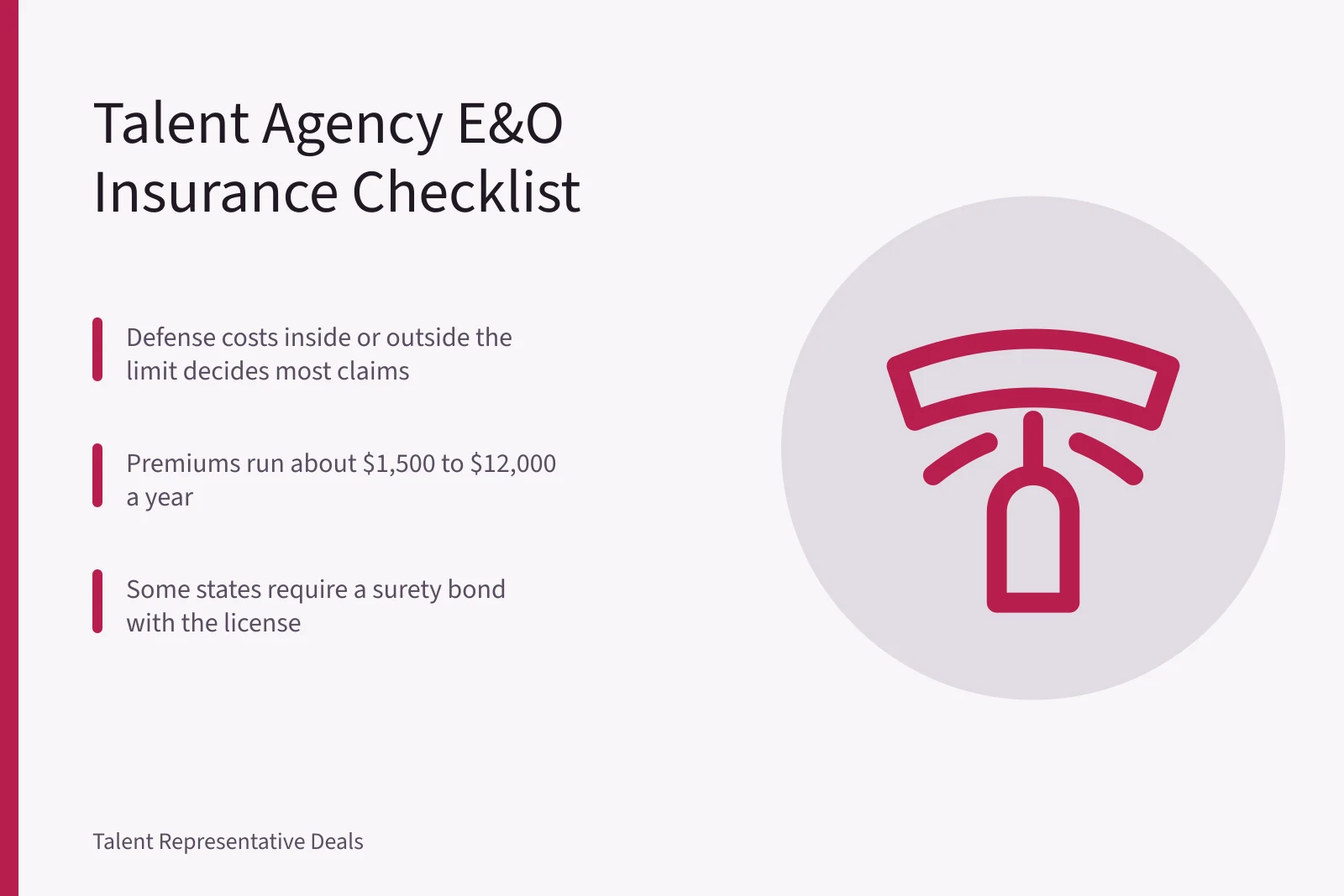 Checklist card for talent agency errors and omissions insurance coverage. Talent agency errors and omissions insurance: what a policy must include