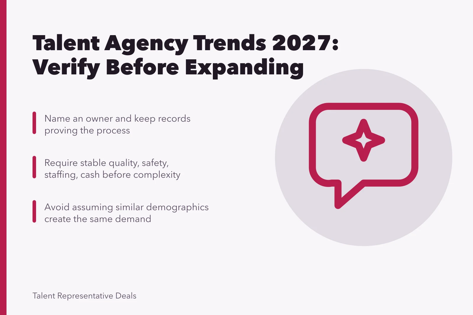 Card outlining talent management agency trends and verification steps for 2027. What is changing in talent management agency demand in 2027