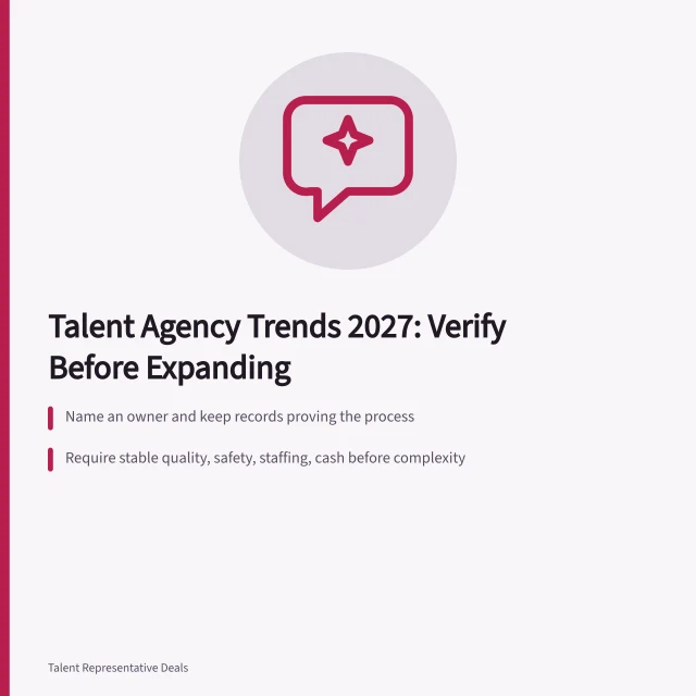 Card outlining talent management agency trends and verification steps for 2027. What is changing in talent management agency demand in 2027
