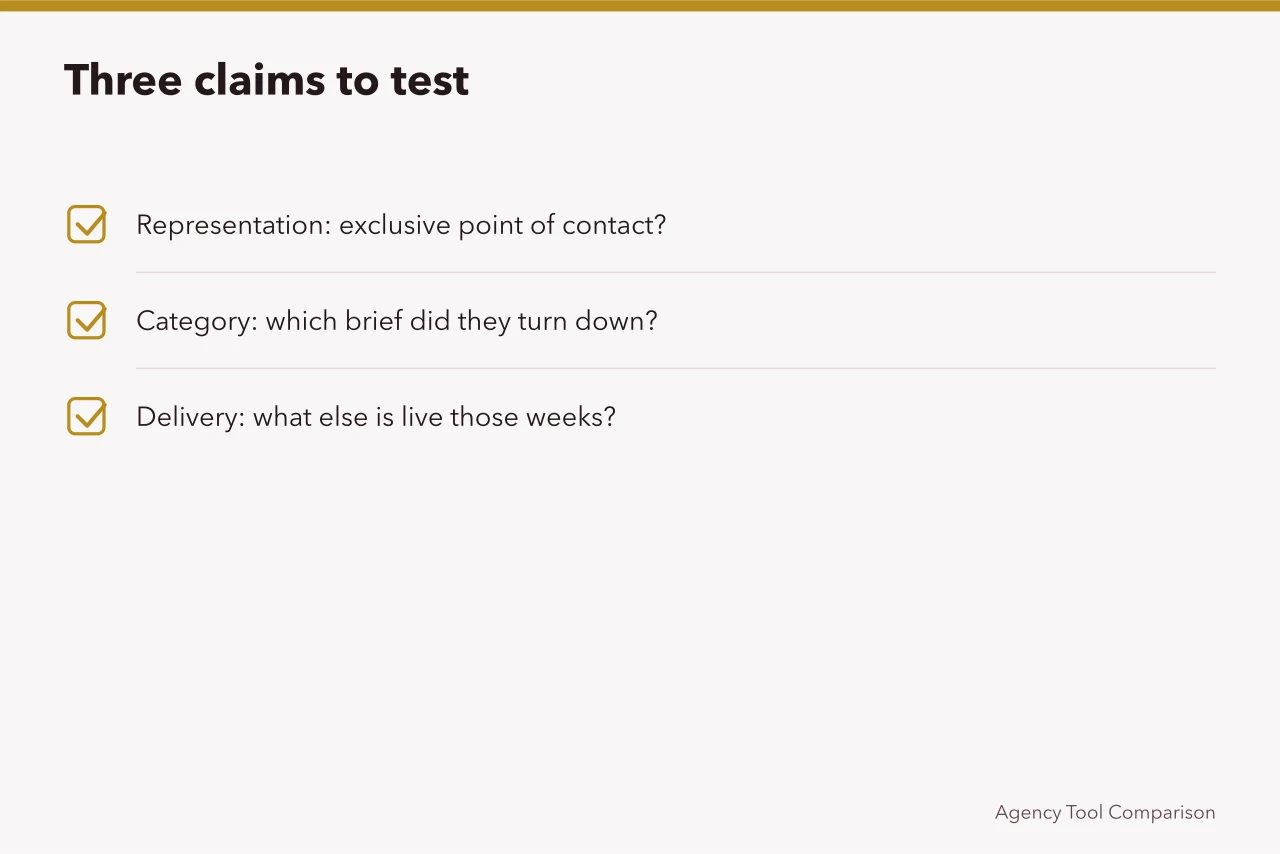 Checklist of three agency claims to verify before a pitch (How to shortlist talent agencies, and what to judge them on)