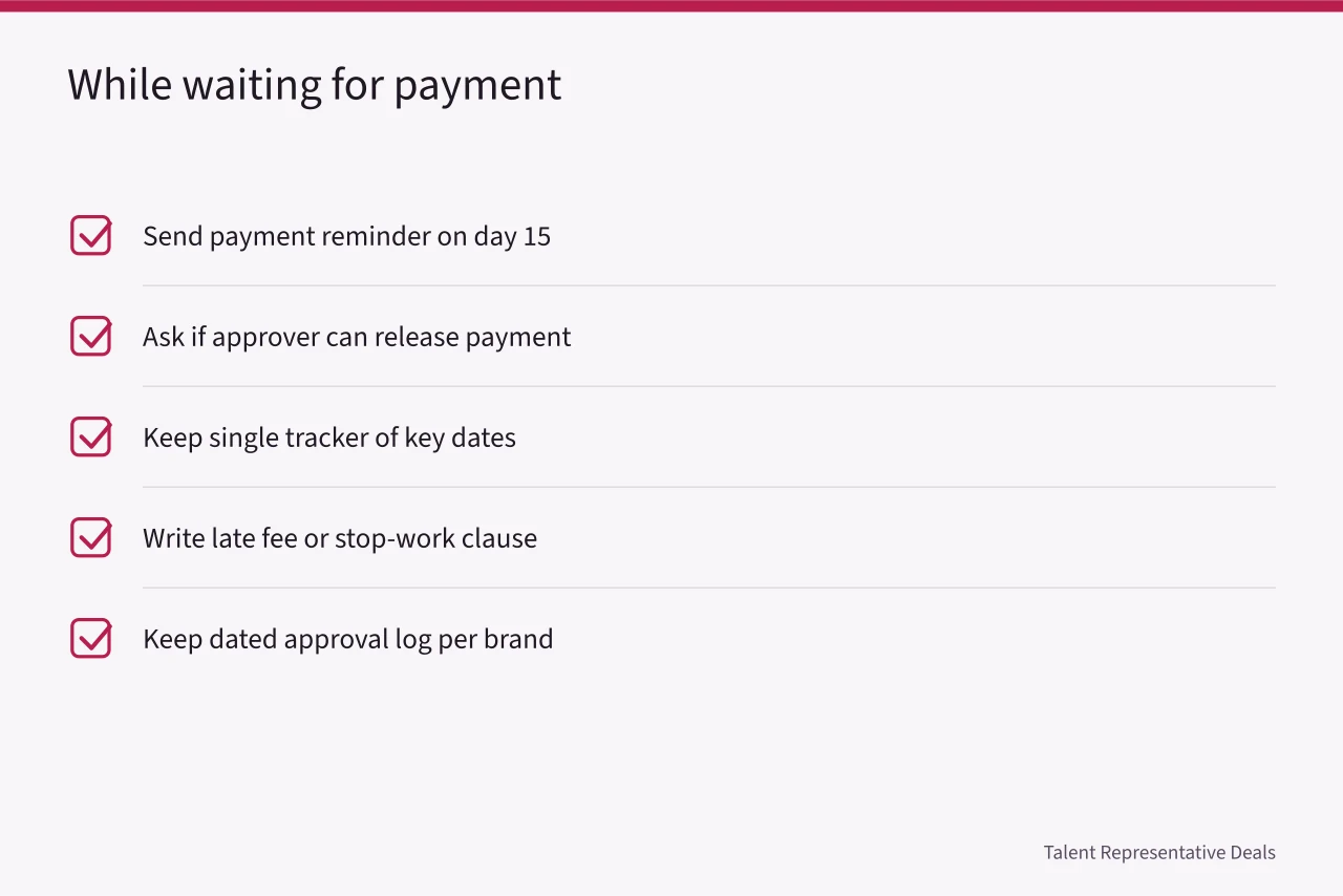 Checklist of five actions to take while waiting for payment (How do influencer brand deal payment terms actually work for agencies?)