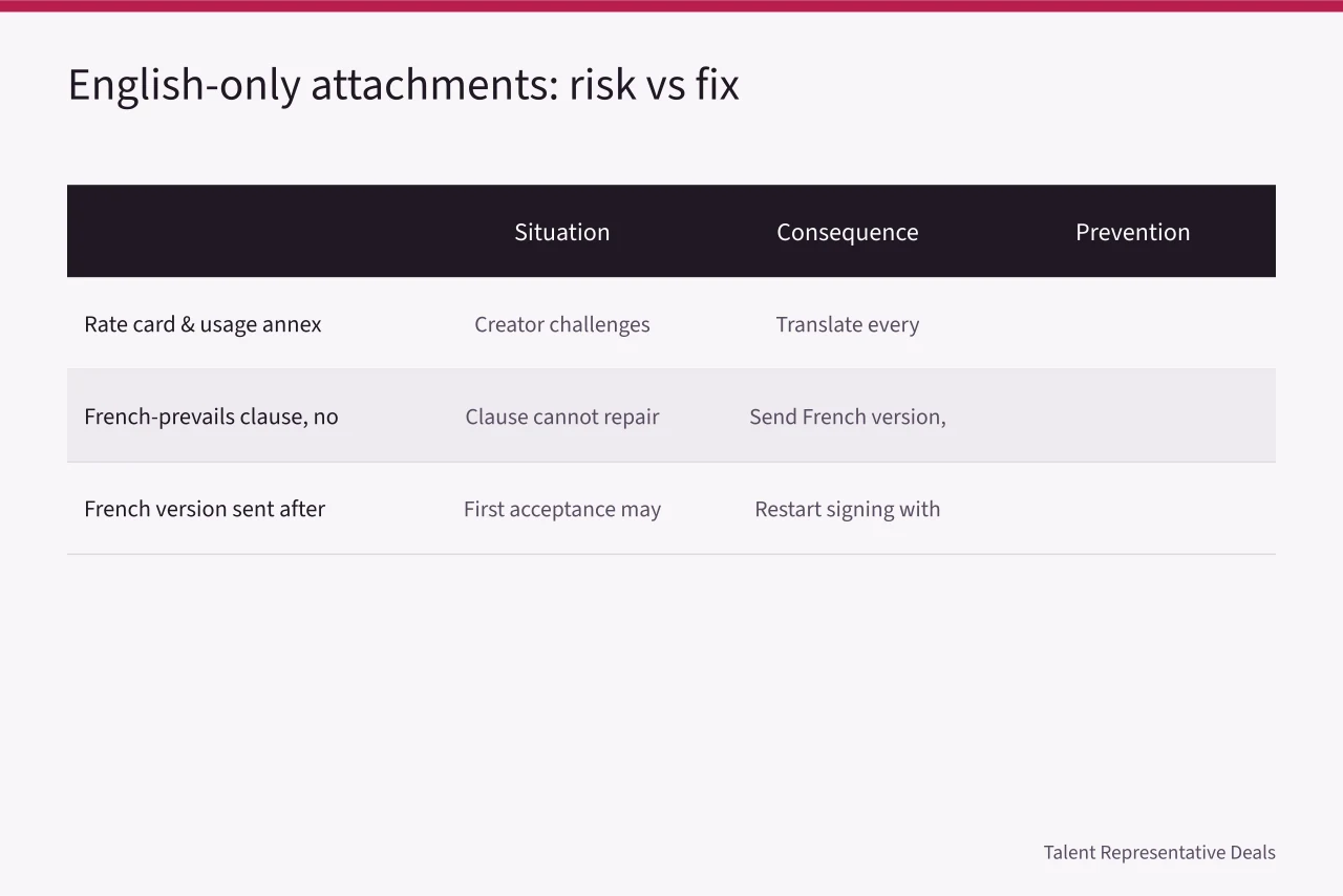 Comparison table of English-only contract attachment risks and prevention steps (Quebec language law for influencer contracts: what agencies must translate)