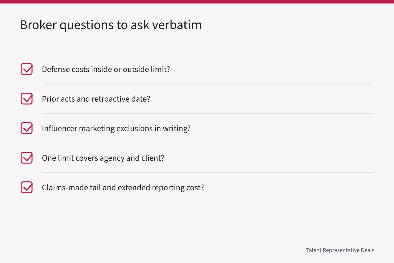 Checklist of five questions to ask every insurance broker (Talent agency errors and omissions insurance: what a policy must include)