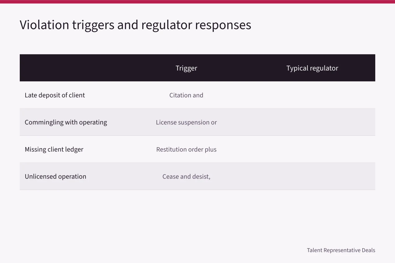 Table pairing four trust account violations with typical regulator responses (7 talent agency trust account requirements your state enforces)